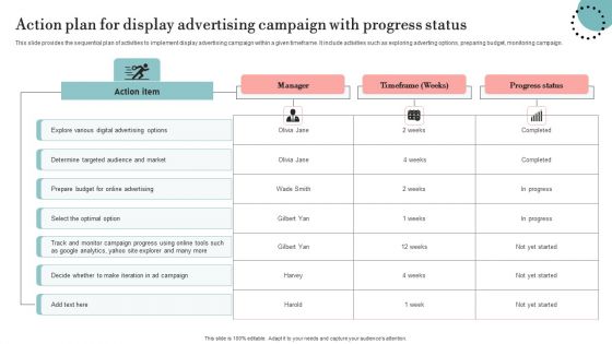 Action Plan For Display Advertising Campaign With Progress Status Topics PDF