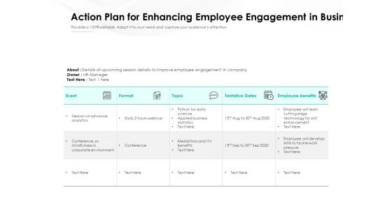 Action Plan For Enhancing Employee Engagement In Business Ppt PowerPoint Presentation Gallery Icon PDF