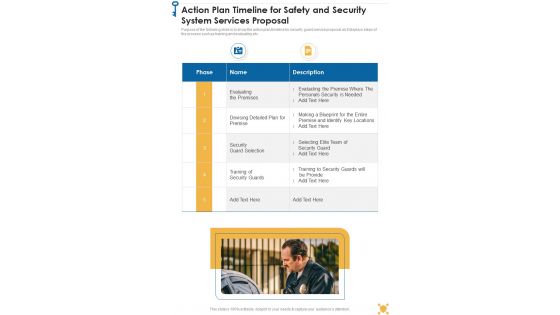 Action Plan Timeline For Safety And Security System Services Proposal One Pager Sample Example Document