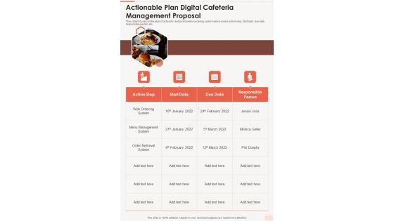 Actionable Plan Digital Cafeteria Management Proposal One Pager Sample Example Document Actionable Plan Digital Cafeteria Management Proposal One Pager Sample Example Document