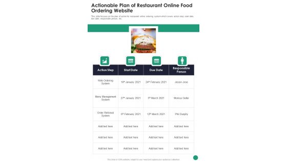 Actionable Plan Of Restaurant Online Food Ordering Website One Pager Sample Example Document