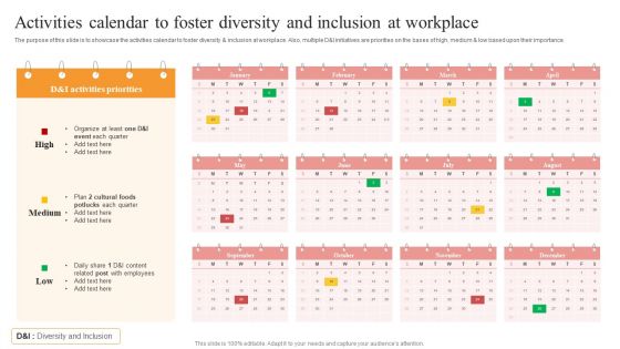 Activities Calendar To Foster Diversity And Inclusion At Workplace Graphics PDF