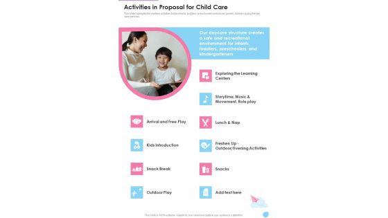 Activities In Proposal For Child Care One Pager Sample Example Document