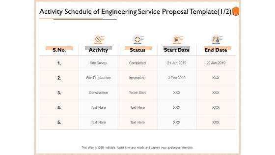 Activity Schedule Of Engineering Service Proposal Template Date Background PDF