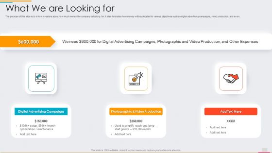 Ad Agency Fundraising What We Are Looking For Ppt PowerPoint Presentation File Infographics PDF