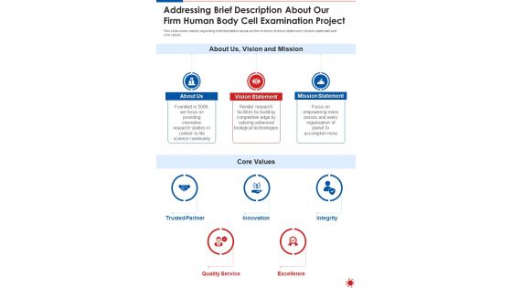 Addressing Brief Description About Our Firm Human Body Cell Examination Project One Pager Sample Example Document