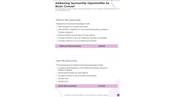 Addressing Sponsorship Opportunities For Music Concert One Pager Sample Example Document Addressing Sponsorship Opportunities For Music Concert One Pager Sample Example Document