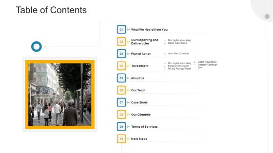 Advertisement Plan Proposal Presentation Table Of Contents Ppt Ideas Template PDF