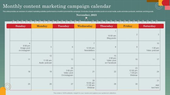 Advertising Programs Management Techniques Monthly Content Marketing Campaign Calendar Slides PDF