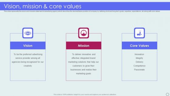Advertising Solutions Company Details Vision Mission And Core Values Guidelines PDF