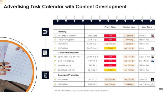 Advertising Task Calendar With Content Development Icons PDF
