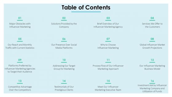 Affiliate Marketer Investor Pitch Deck Table Of Contents Designs PDF