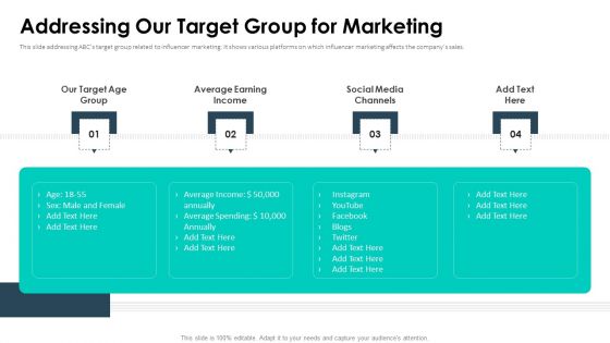 Affiliate Marketing Pitch Deck Addressing Our Target Group For Marketing Demonstration PDF