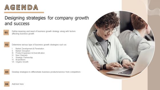 Agenda Designing Strategies For Company Growth And Success Demonstration PDF