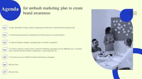 Agenda For Ambush Marketing Plan To Create Brand Awareness Information PDF Agenda For Ambush Marketing Plan To Create Brand Awareness Information PDF