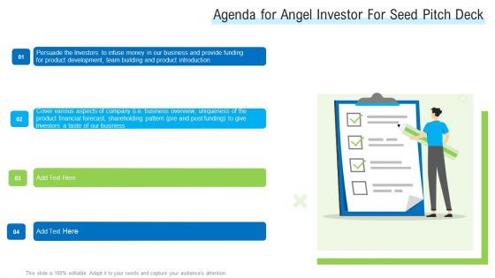 Agenda For Angel Investor For Seed Pitch Deck Ppt Styles Professional PDF
