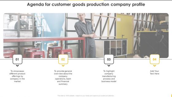 Agenda For Customer Goods Production Company Profile Background PDF