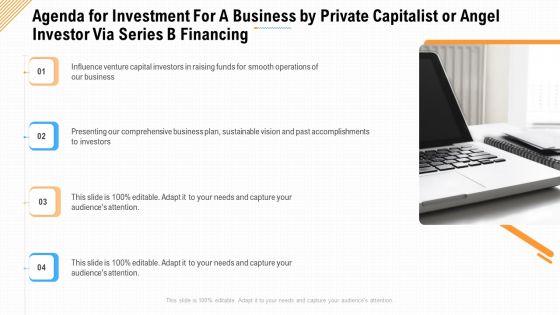 Agenda For Investment For A Business By Private Capitalist Or Angel Investor Via Series B Financing Clipart PDF