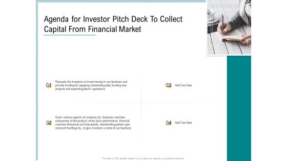 Agenda For Investor Pitch Deck To Collect Capital From Financial Market Topics PDF