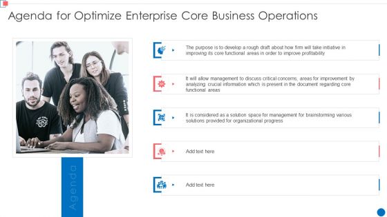 Agenda For Optimize Enterprise Core Business Operations Clipart PDF