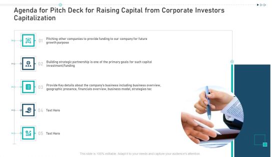Agenda For Pitch Deck For Raising Capital From Corporate Investors Capitalization Graphics PDF