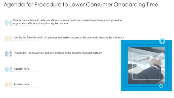 Agenda For Procedure To Lower Consumer Onboarding Time Ppt Professional Influencers PDF Agenda For Procedure To Lower Consumer Onboarding Time Ppt Professional Influencers PDF