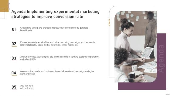 Agenda Implementing Experimental Marketing Strategies To Improve Conversion Rate Pictures PDF Agenda Implementing Experimental Marketing Strategies To Improve Conversion Rate Pictures PDF