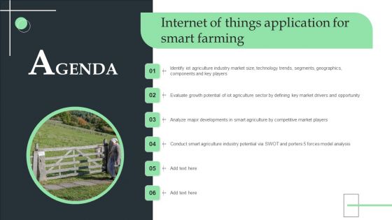 Agenda Internet Of Things Application For Smart Farming Ppt Ideas Layout PDF