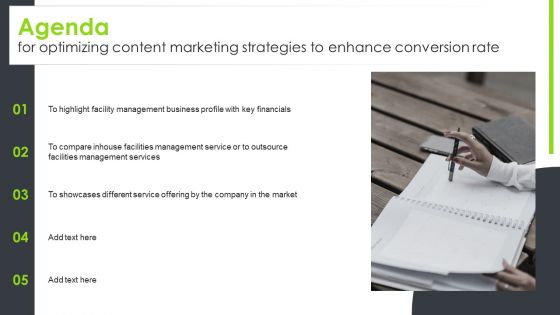 Agenda Optimizing Content Marketing Strategies To Enhance Conversion Rate Demonstration PDF
