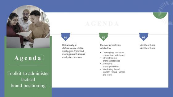 Agenda Toolkit To Administer Tactical Brand Positioning Ppt Model Slides PDF