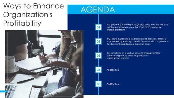 Agenda Ways To Enhance Organizations Profitability Elements PDF