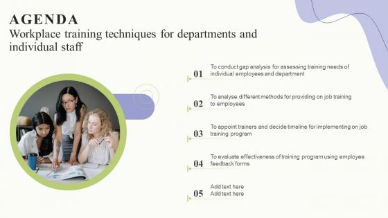 Agenda Workplace Training Techniques For Departments And Individual Staff Mockup PDF