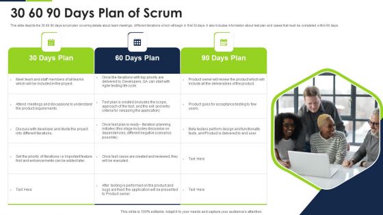 Agile Methodology Quality Control 30 60 90 Days Plan Of Scrum Ppt Infographic Template Outline PDF