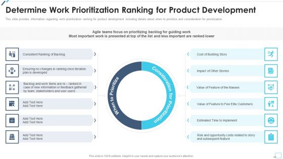 Agile Project Playbook Presentation Determine Work Prioritization Ranking For Product Development Slides PDF