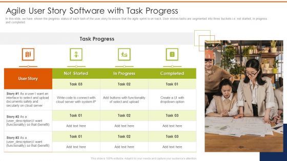 Agile User Story Software With Task Progress Ppt Slides Infographics PDF