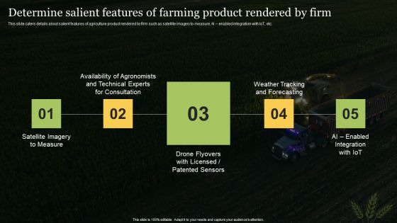 Agriculture Business Elevator Determine Salient Features Of Farming Product Rendered By Firm Professional PDF