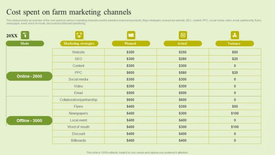 Agriculture Marketing Strategy To Improve Revenue Performance Cost Spent On Farm Marketing Channels Background PDF