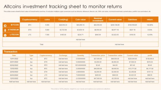 Altcoins Investment Tracking Sheet To Monitor Returns Ppt Portfolio Icon PDF