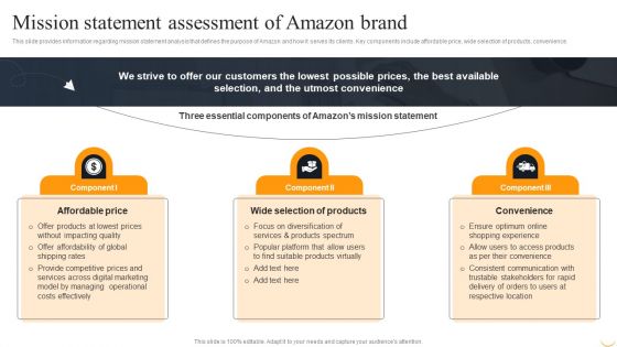 Amazon Business Strategies To Gain Competitive Advantage Mission Statement Assessment Of Amazon Brand Background PDF