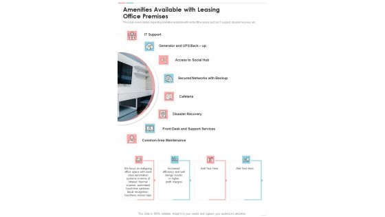 Amenities Available With Leasing Office Premises One Pager Sample Example Document