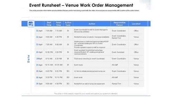 Amusement Event Coordinator Event Runsheet Venue Work Order Management Ppt PowerPoint Presentation Show Vector PDF