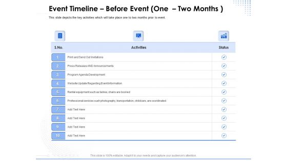 Amusement Event Coordinator Event Timeline Before Event One Two Months Ppt PowerPoint Presentation Layout PDF
