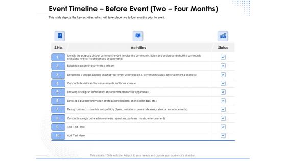 Amusement Event Coordinator Event Timeline Before Event Two Four Months Ppt PowerPoint Presentation Infographic Template Background Image PDF