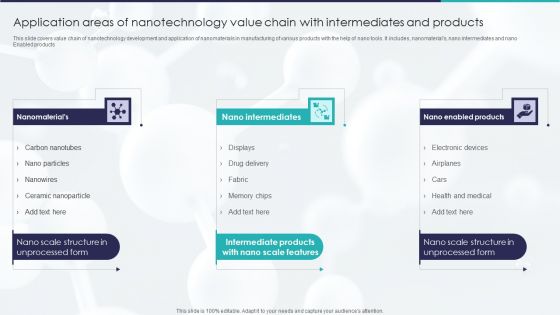 Application Areas Of Nanotechnology Value Chain With Intermediates And Products Infographics PDF