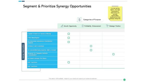 Assessing Synergies Segment And Prioritize Synergy Opportunities Ppt PowerPoint Presentation Layouts Layout PDF