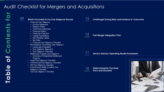 Audit Checklist For Mergers And Acquisitions Table Of Contents Ideas PDF