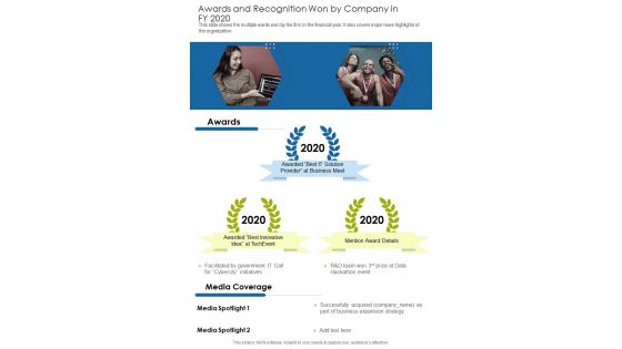 Awards And Recognition Won By Company In FY 2020 One Pager Documents
