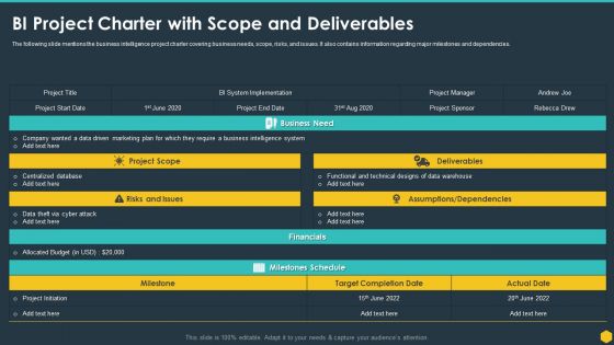 BI Project Charter With Scope And Deliverables BI Transformation Toolset Portrait PDF