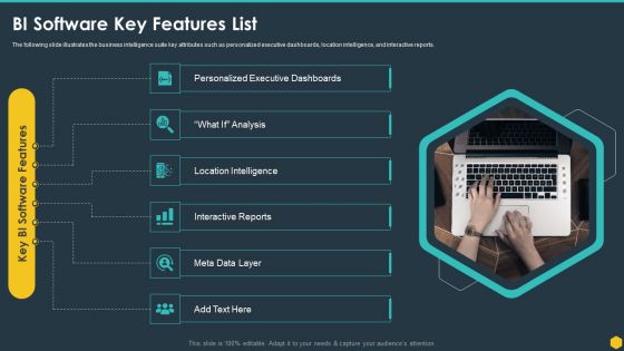BI Software Key Features List BI Transformation Toolset Icons PDF