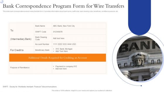 Bank Correspondence Program Form For Wire Transfers Elements PDF